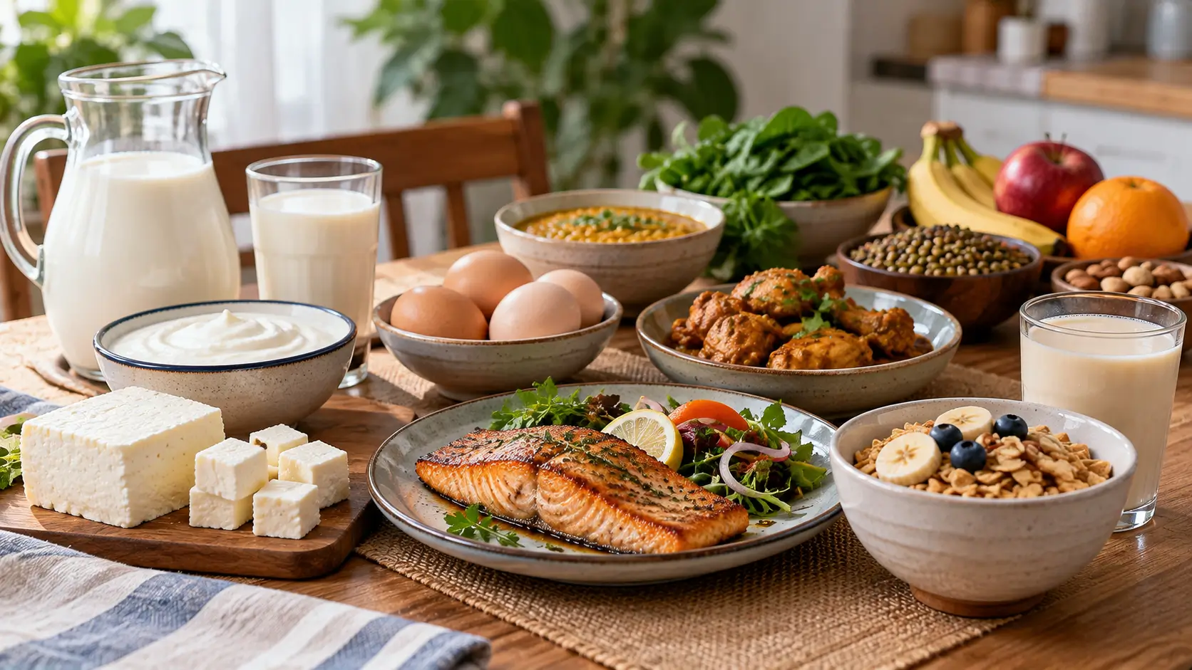 Fish, eggs, milk, curd, paneer and other foods containing vitamin B12 on an Indian dining table