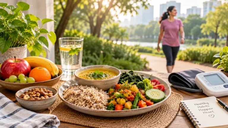 Indian heart-healthy meal with vegetables, pulses, fruit and walking shoes representing everyday heart disease prevention.