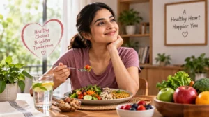 Balanced Indian meal with vegetables, dal, whole grains, fruit and nuts on a dining table beside walking shoes.