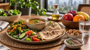 Indian meal with dal, vegetables, whole grains, fruit, nuts and seeds arranged as a balanced heart-conscious diet.