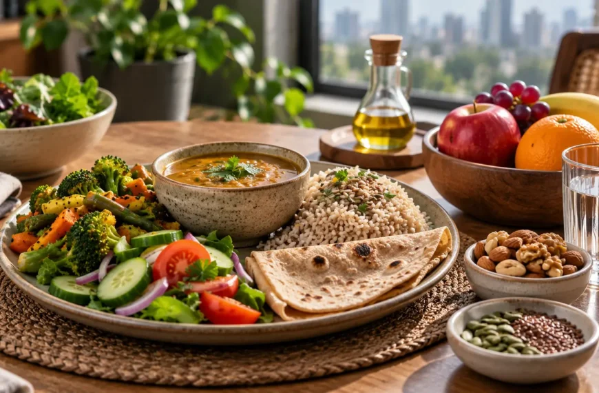 Indian meal with dal, vegetables, whole grains, fruit, nuts and seeds arranged as a balanced heart-conscious diet.