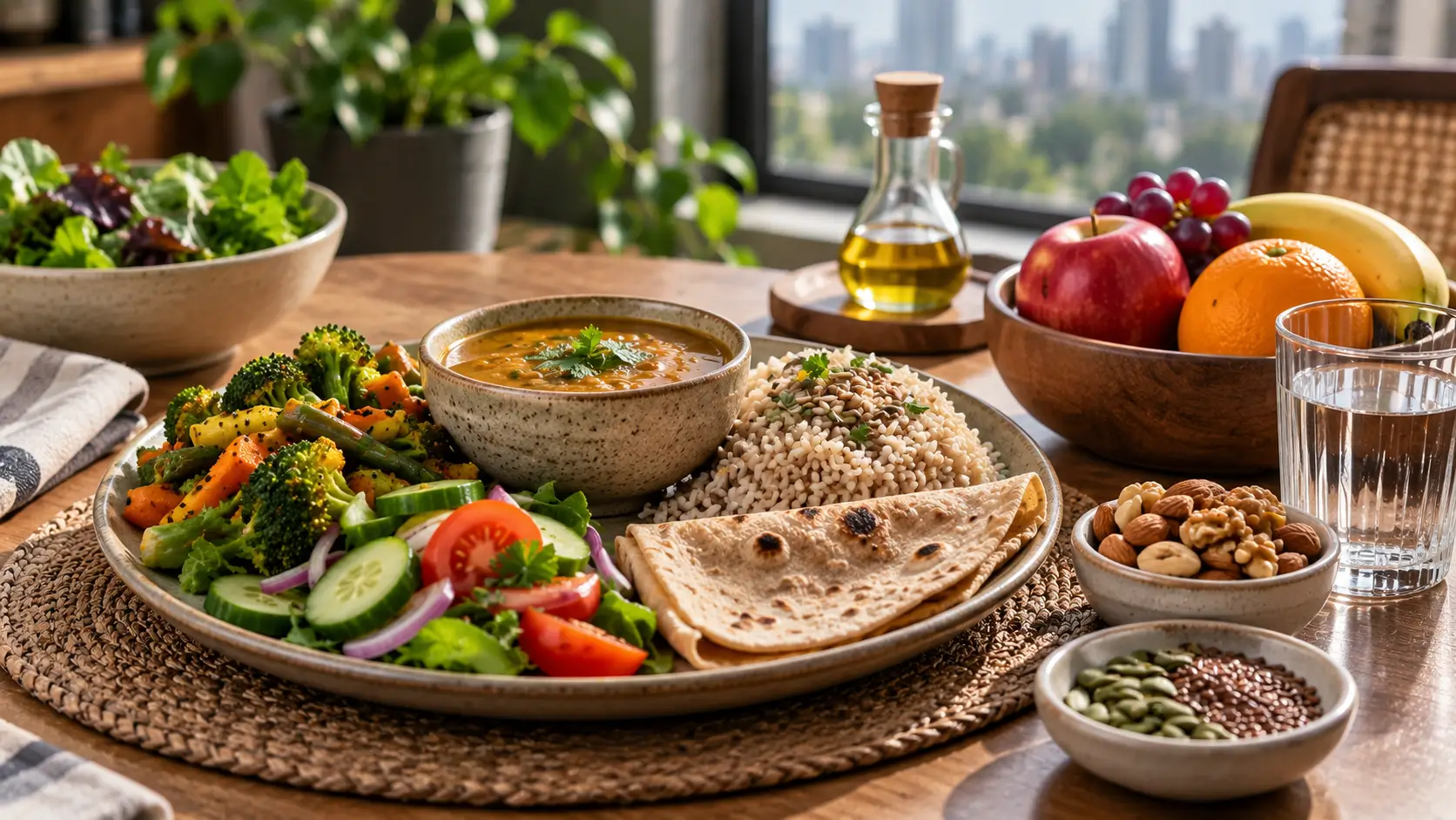 Indian meal with dal, vegetables, whole grains, fruit, nuts and seeds arranged as a balanced heart-conscious diet.