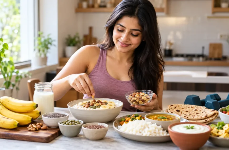 Indian woman preparing a nutritious calorie-dense meal for healthy weight gain.