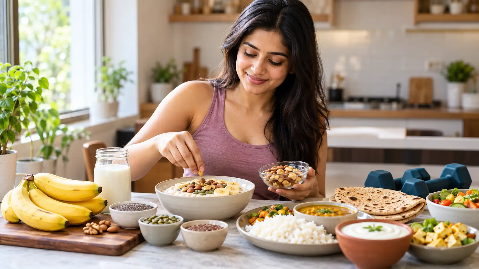 Indian woman preparing a nutritious calorie-dense meal for healthy weight gain.
