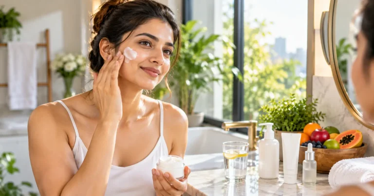 Indian woman applying moisturizer as part of a simple routine for healthy glowing skin