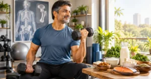 Middle-aged adult doing resistance training as part of a bone-strengthening routine