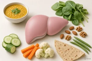 Colourful Indian plate with dal, vegetables, millet roti, greens, curd and nuts