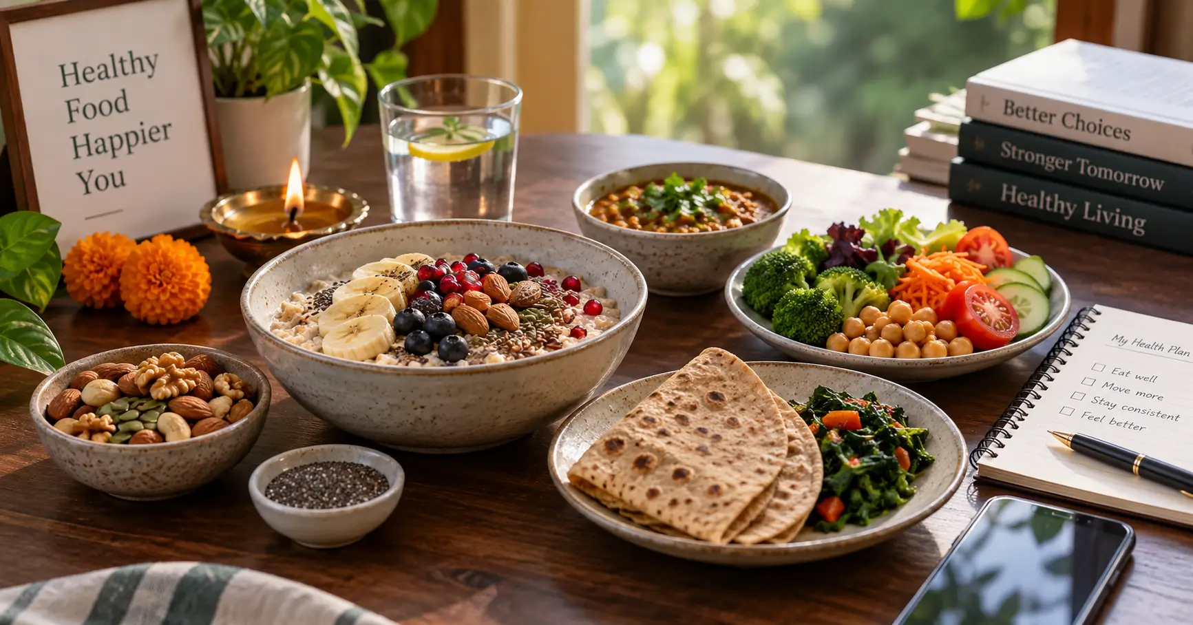 Heart-healthy Indian meal with oats, lentils, vegetables, nuts and fruit representing lifestyle approaches to lowering LDL cholesterol.