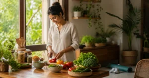 Indian adult preparing a healthy meal in a bright home surrounded by plants and natural living elements