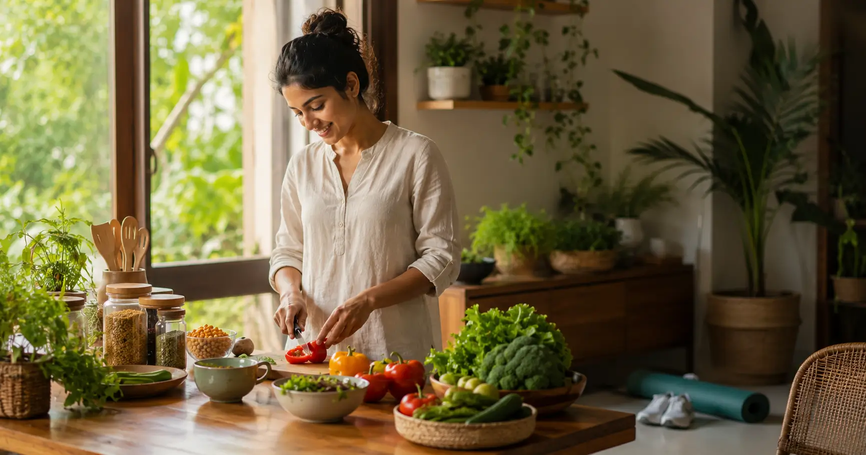 Natural Living Without the Hype: 12 Simple Habits That Actually Work 1 Indian adult preparing a healthy meal in a bright home surrounded by plants and natural living elements