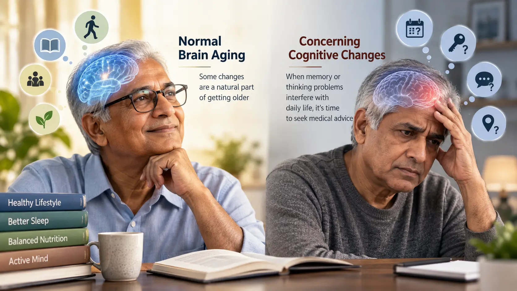 Aging Brain: How to Support Memory and Brain Health 1 Comparison graphic showing examples of normal age-related forgetfulness and concerning cognitive changes.