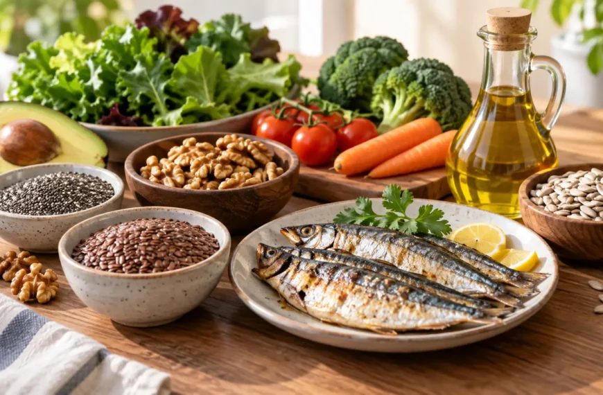 Flaxseed, chia seeds, walnuts, oily fish and vegetable oil representing omega-3 and omega-6 food sources.