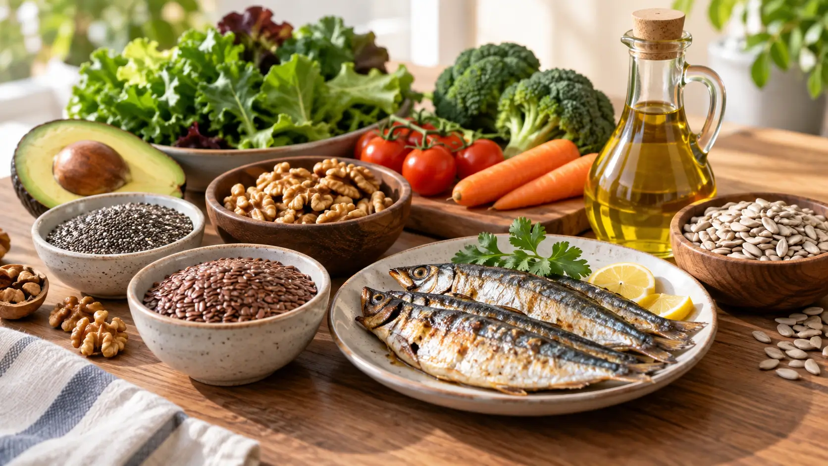 Flaxseed, chia seeds, walnuts, oily fish and vegetable oil representing omega-3 and omega-6 food sources.
