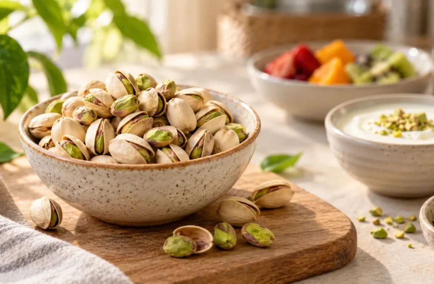 A bowl of shelled and unshelled pistachios on a neutral dining surface with fruit and yoghurt in the background.