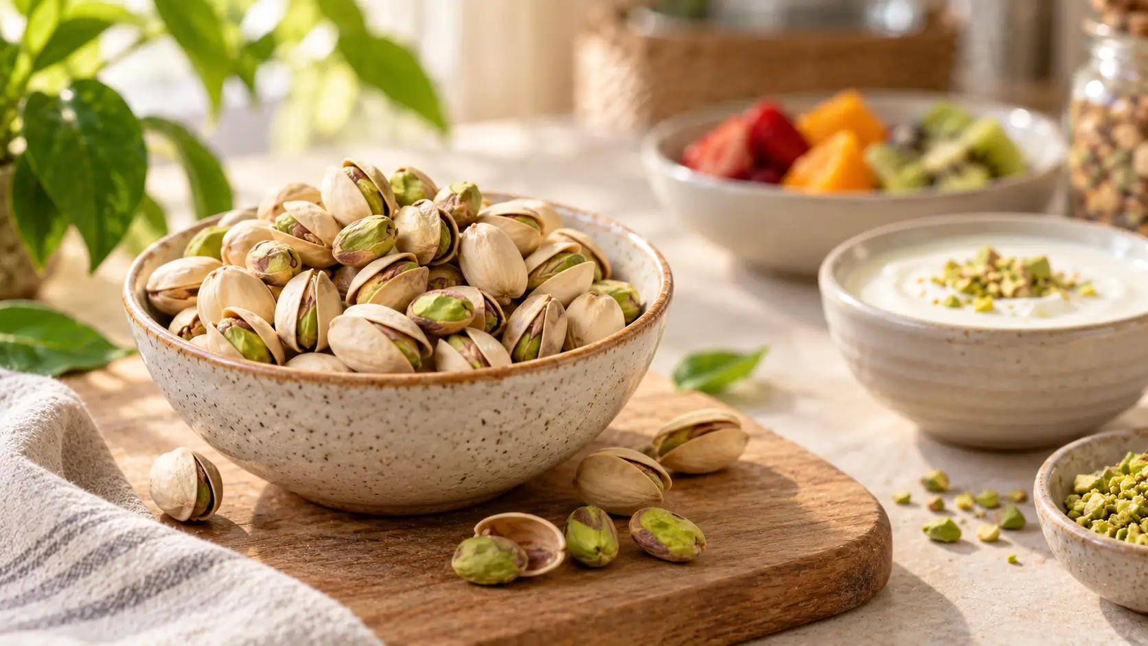 A bowl of shelled and unshelled pistachios on a neutral dining surface with fruit and yoghurt in the background.