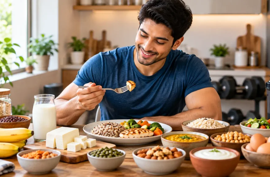 Indian woman preparing a protein-rich meal with nutritious foods in a modern home kitchen.