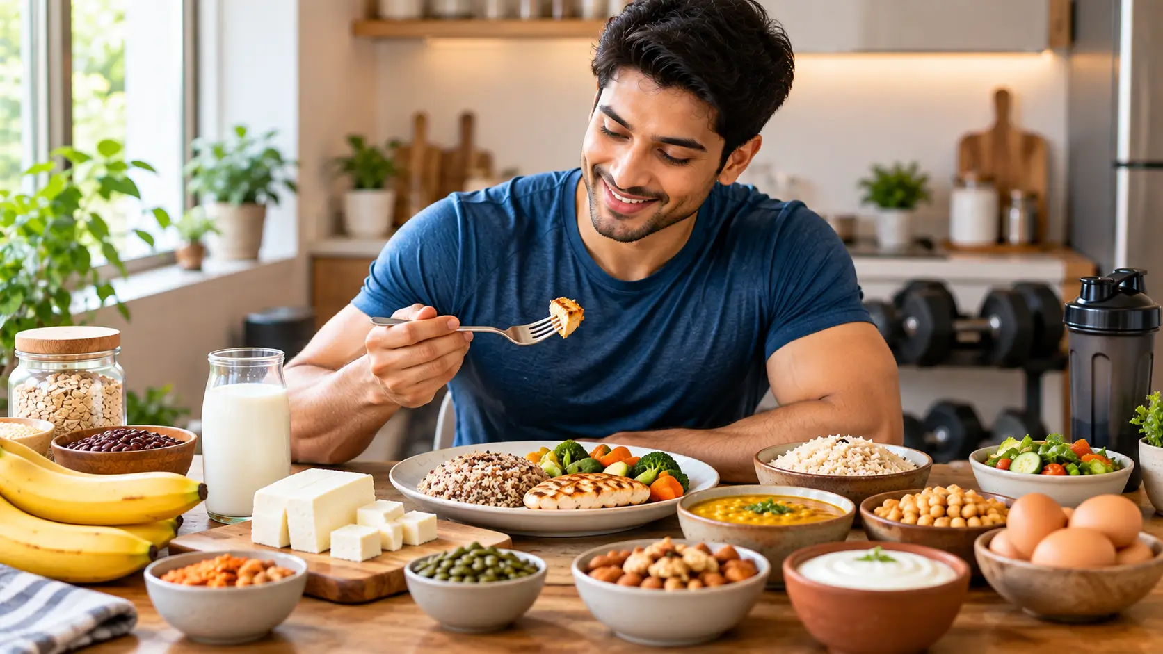 Indian woman preparing a protein-rich meal with nutritious foods in a modern home kitchen.