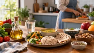 Balanced Indian meal with vegetable cooking oil, dal, vegetables, roti, curd, nuts and seeds on a dining table