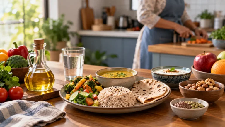 Balanced Indian meal with vegetable cooking oil, dal, vegetables, roti, curd, nuts and seeds on a dining table