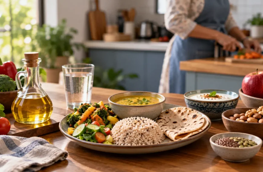 Balanced Indian meal with vegetable cooking oil, dal, vegetables, roti, curd, nuts and seeds on a dining table