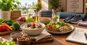 Heart-healthy foods and exercise cues representing cholesterol management.