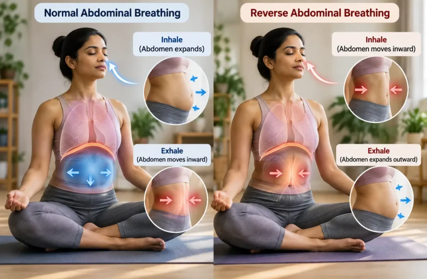 Reverse abdominal breathing technique showing inward abdominal movement during inhalation