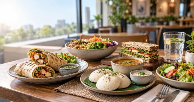 Healthy fast food choices including grilled wrap, idli, vegetables and a balanced rice bowl.