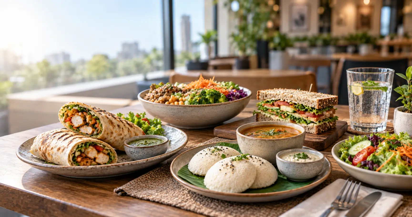 Healthy fast food choices including grilled wrap, idli, vegetables and a balanced rice bowl.