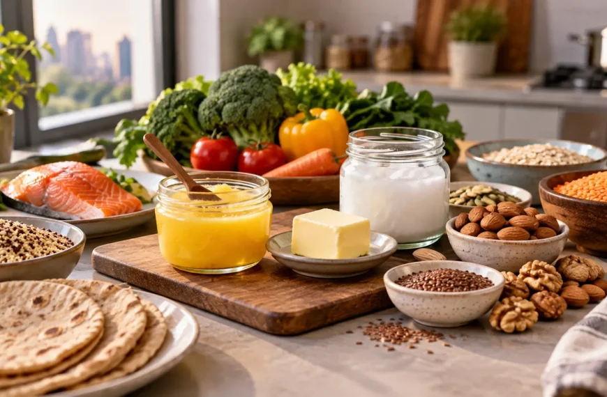 Ghee, butter and coconut oil arranged with nuts, lentils, vegetables and whole grains on an Indian kitchen table.