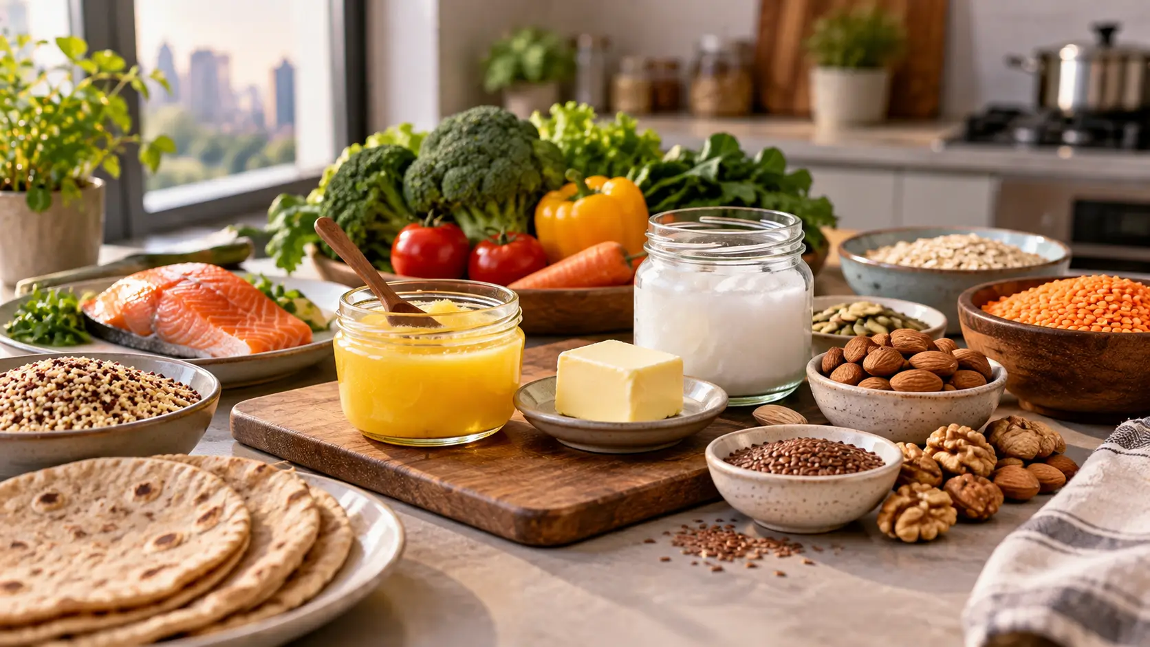 Saturated Fat: What It Is, Health Effects and How Much to Eat 1 Ghee, butter and coconut oil arranged with nuts, lentils, vegetables and whole grains on an Indian kitchen table.