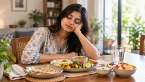 Young Indian woman looking mildly sleepy while sitting beside a balanced lunch at a dining table.