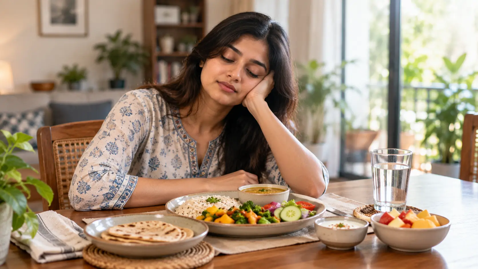 Why Do You Feel Sleepy After Eating? Causes and Tips 1 Young Indian woman looking mildly sleepy while sitting beside a balanced lunch at a dining table.