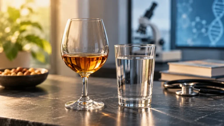 A wine glass beside a glass of water in a calm health editorial setting
