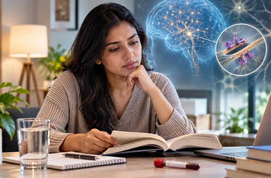 Indian adult learning about tau proteins and brain health in a contemporary home setting.