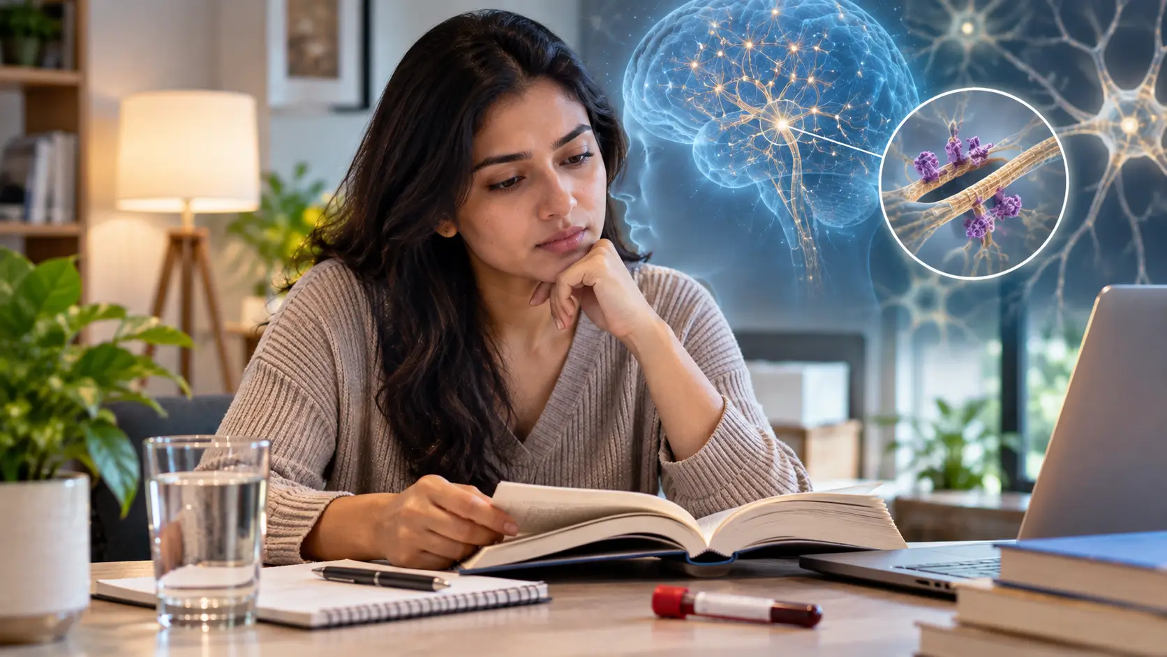 Indian adult learning about tau proteins and brain health in a contemporary home setting.