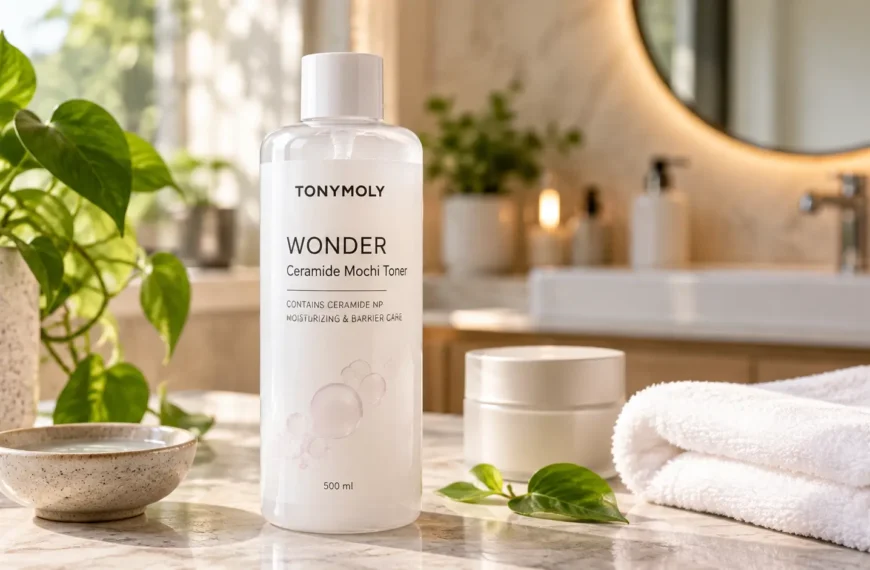 TONYMOLY Wonder Ceramide Mochi Toner bottle on a neutral skincare vanity