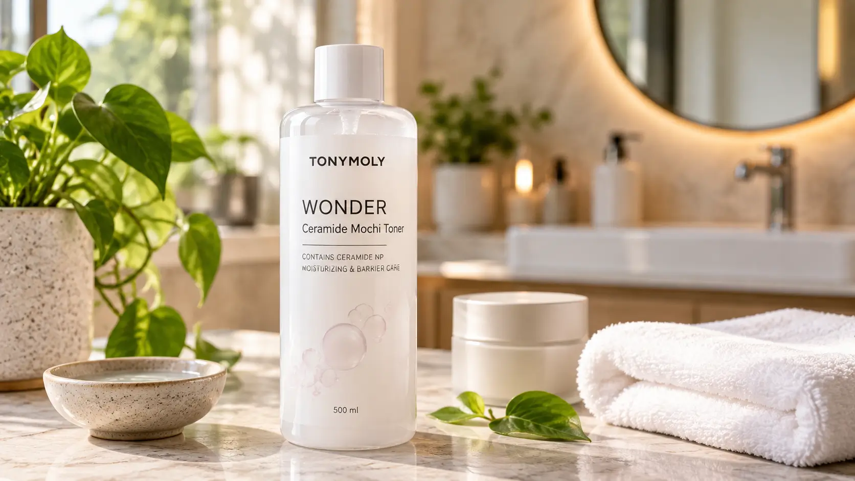 TONYMOLY Wonder Ceramide Mochi Toner bottle on a neutral skincare vanity