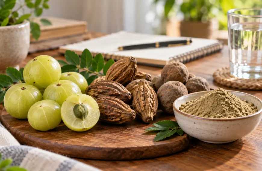 Three Triphala fruits with a bowl of Triphala powder on a natural wellness table.