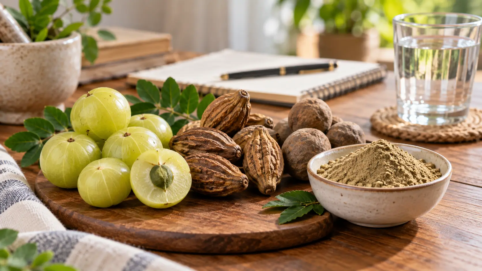 Three Triphala fruits with a bowl of Triphala powder on a natural wellness table.