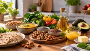 Walnuts, almonds, flaxseed, lentils, vegetables and plant oil arranged with small amounts of ghee and butter