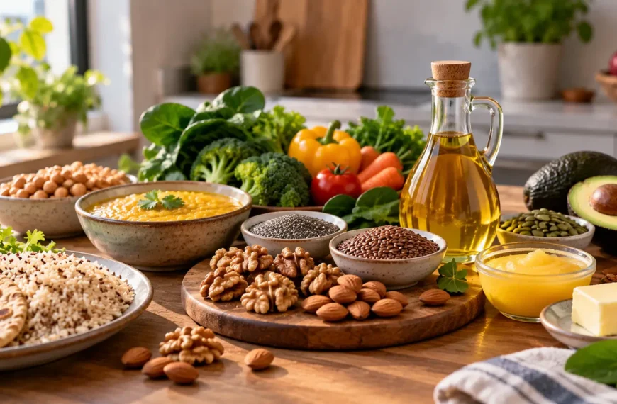 Walnuts, almonds, flaxseed, lentils, vegetables and plant oil arranged with small amounts of ghee and butter