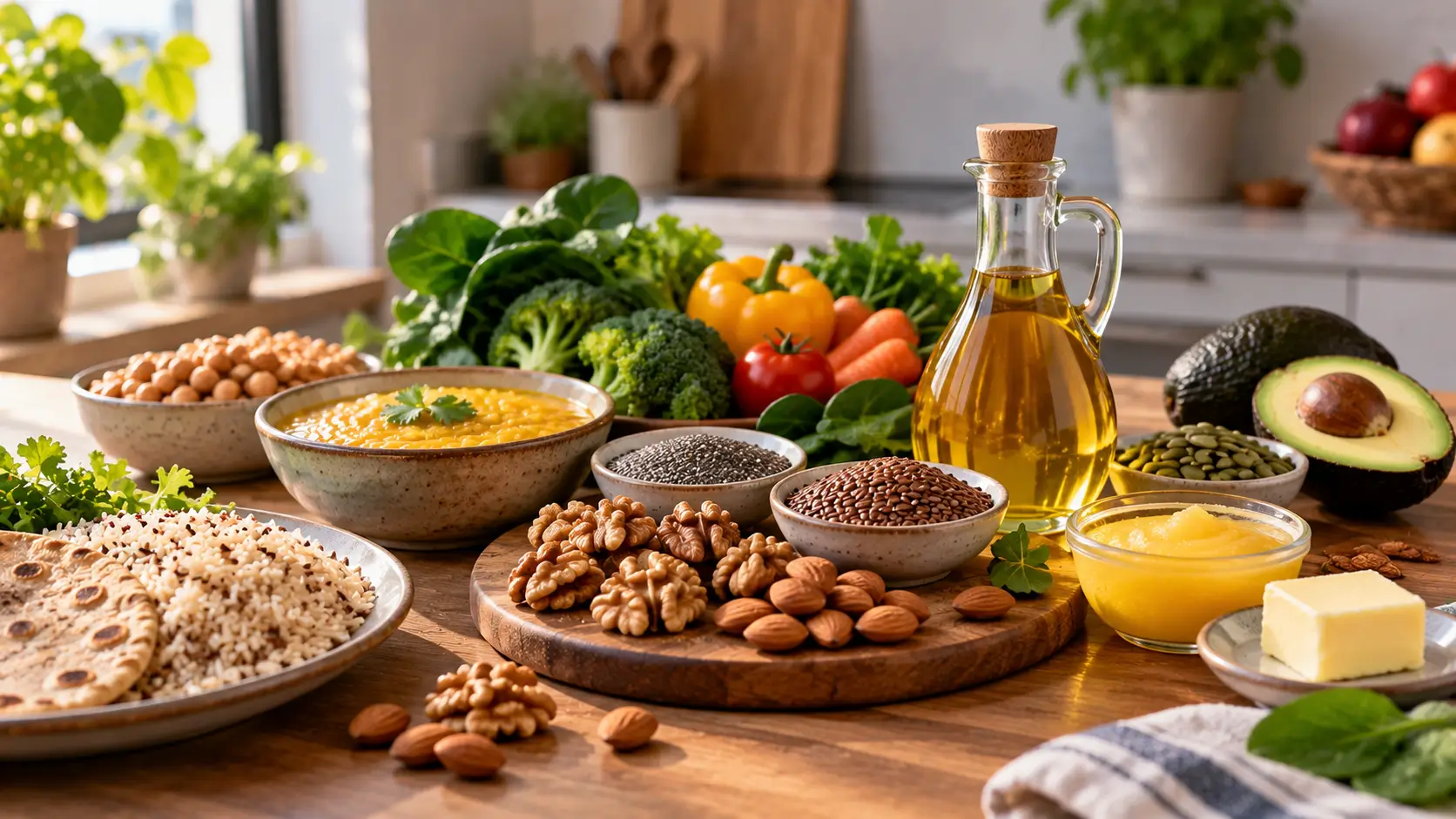 Walnuts, almonds, flaxseed, lentils, vegetables and plant oil arranged with small amounts of ghee and butter