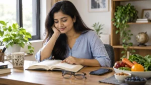 Indian adult reading at a desk with prescription eyeglasses, a smartphone and healthy foods nearby.