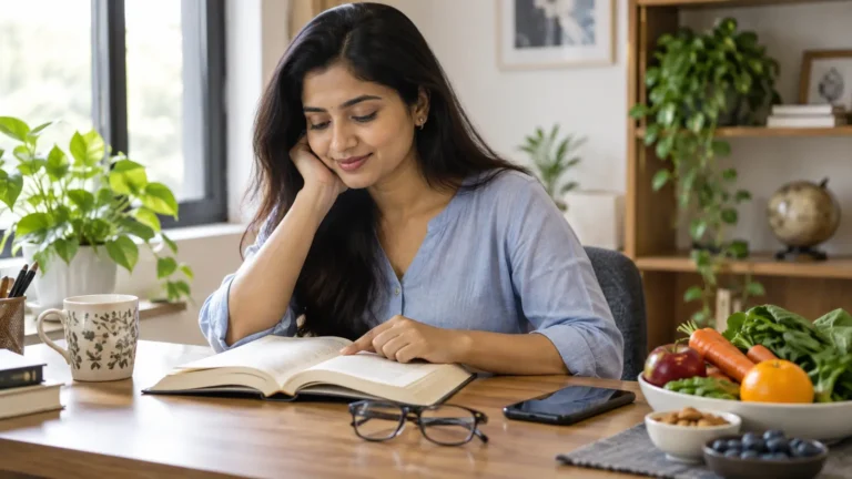 Weak Eyesight Remedies: What Actually Helps Your Eyes 2 Indian adult reading at a desk with prescription eyeglasses, a smartphone and healthy foods nearby.