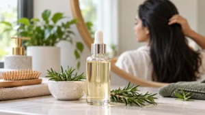 Generic hair growth serum bottle beside rosemary leaves on a bathroom vanity, representing hair-care and scalp treatment.