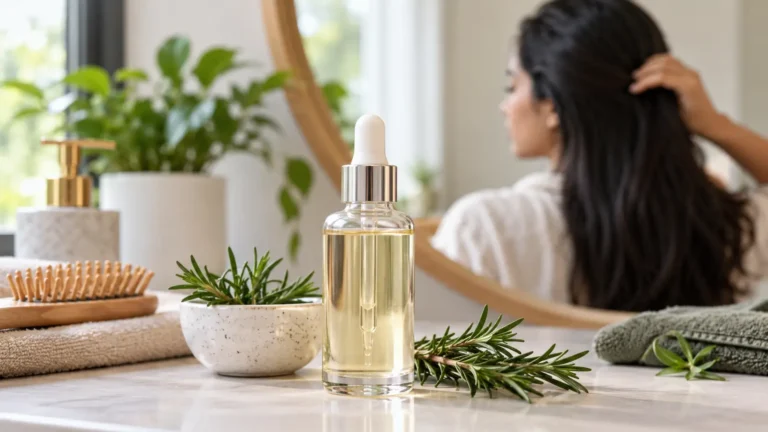 WishCare Hair Growth Serum: Ingredients, Evidence and How to Use It 2 Generic hair growth serum bottle beside rosemary leaves on a bathroom vanity, representing hair-care and scalp treatment.