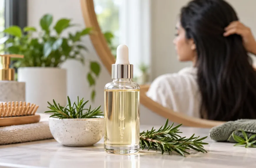 Generic hair growth serum bottle beside rosemary leaves on a bathroom vanity, representing hair-care and scalp treatment.