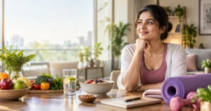 Indian woman in a modern wellness setting surrounded by healthy food and fitness elements.