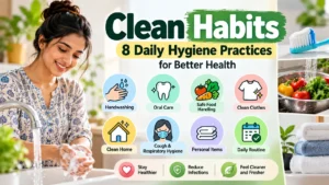 Woman washing her hands alongside illustrations of eight daily hygiene habits, including oral care, safe food handling and home cleanliness.