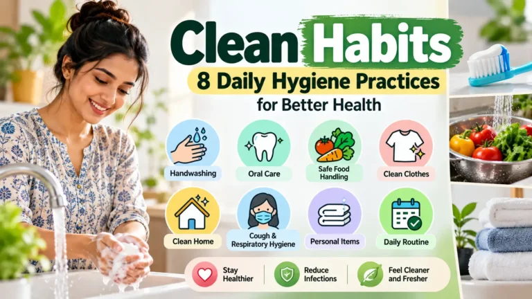 Woman washing her hands alongside illustrations of eight daily hygiene habits, including oral care, safe food handling and home cleanliness.